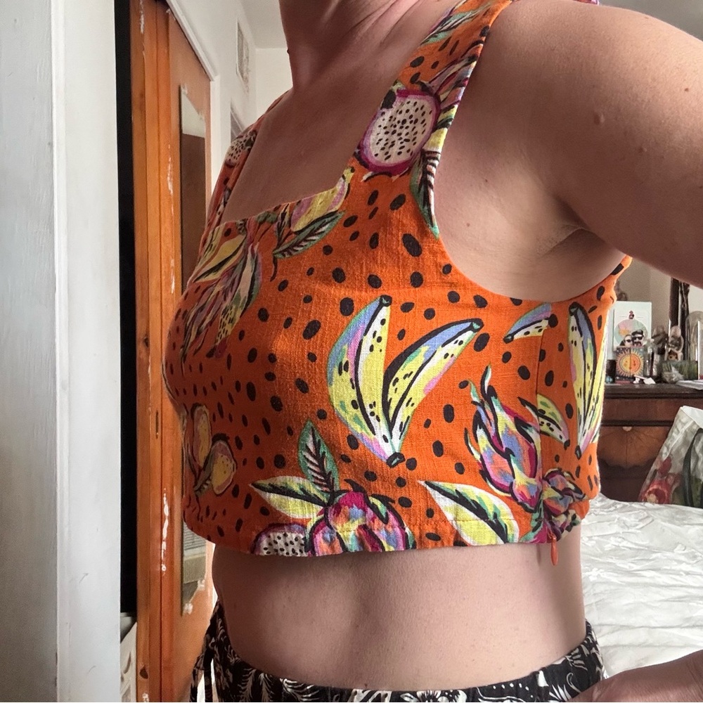 SOLD Tropical Orange Linen blend Floral Crop Top Large - Picture 2 of 12